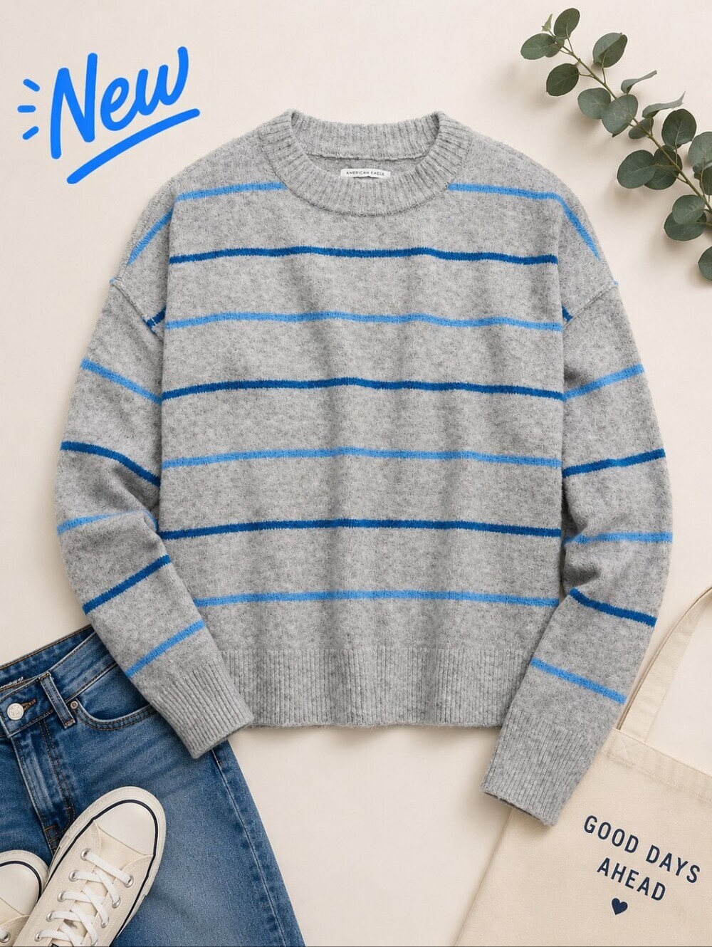 Last One! New! American Eagle Gray Blue Striped Crew Neck Knit Sweater large